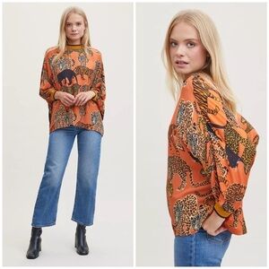 Anthropologie Zaniya Menagerie Animal Print Blouse Orange Viscose Size XS